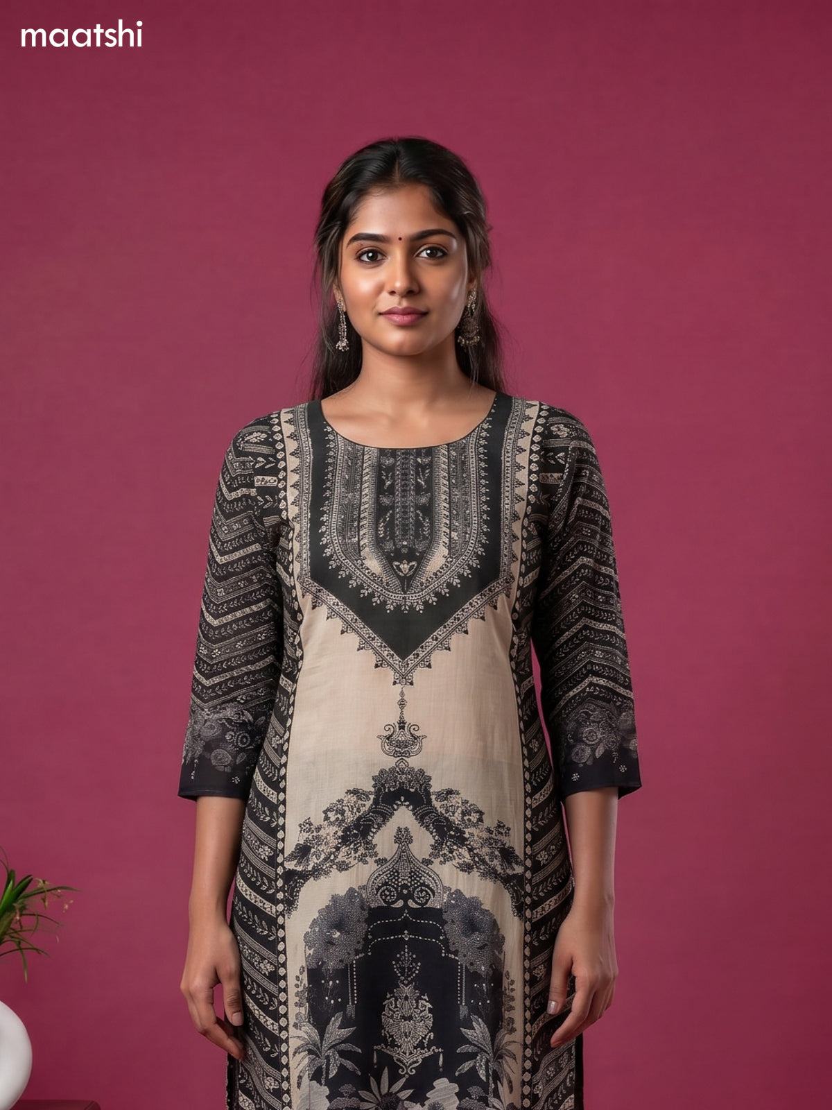 Beige and Black Crepe Silk Floral Printed Straight Suit