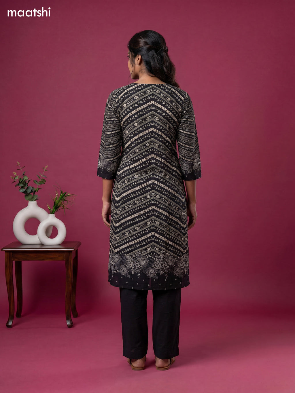 Beige and Black Crepe Silk Floral Printed Straight Suit