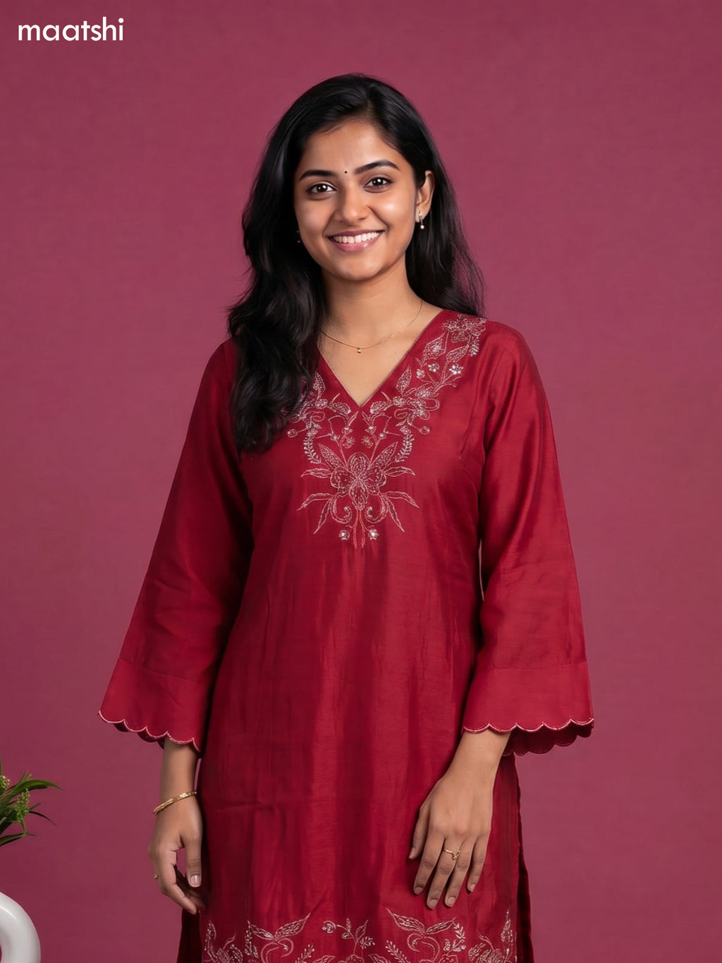 Reddish Pink Art Silk Embroidery Work Straight Suit