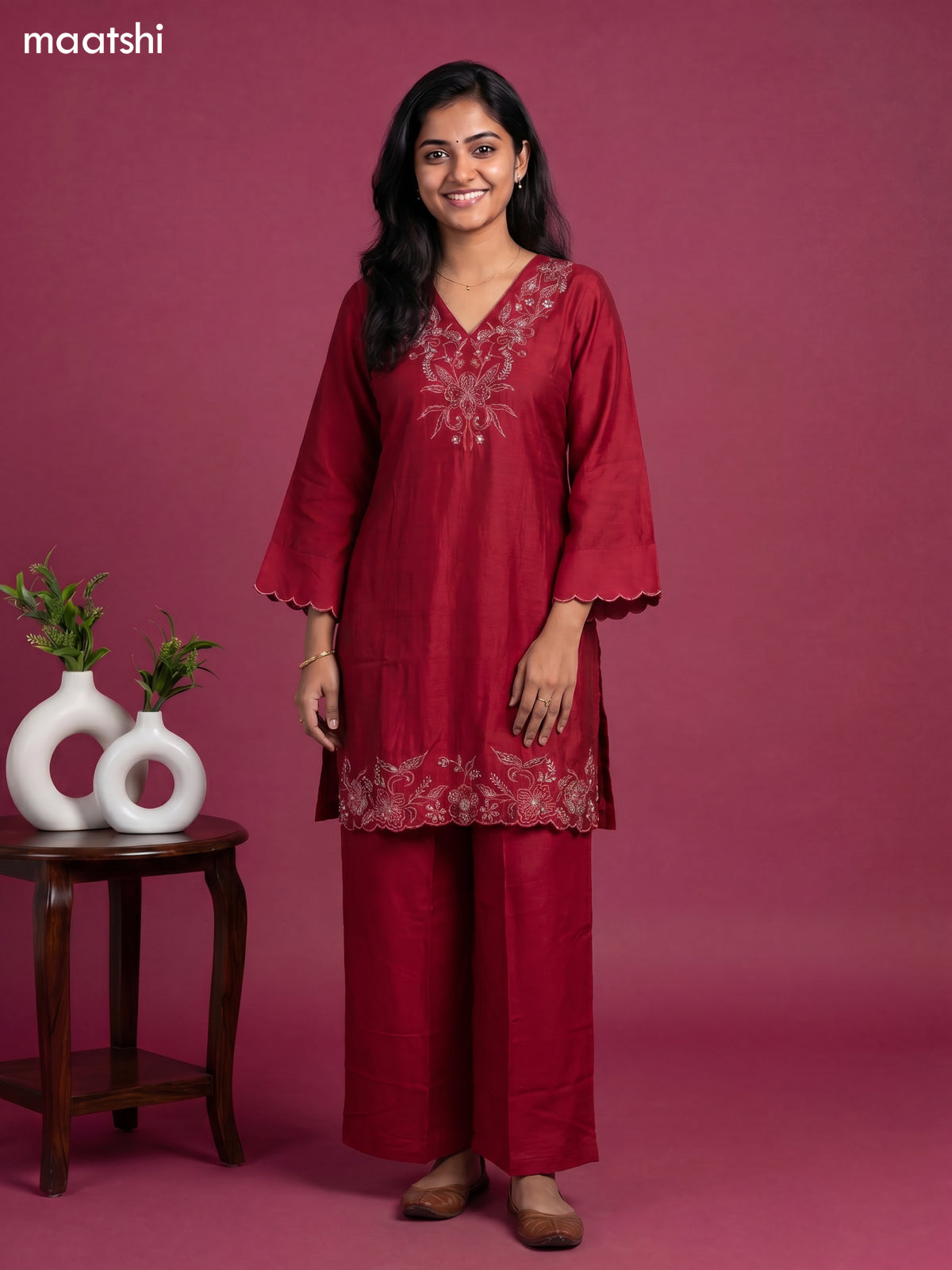 Reddish Pink Art Silk Embroidery Work Straight Suit