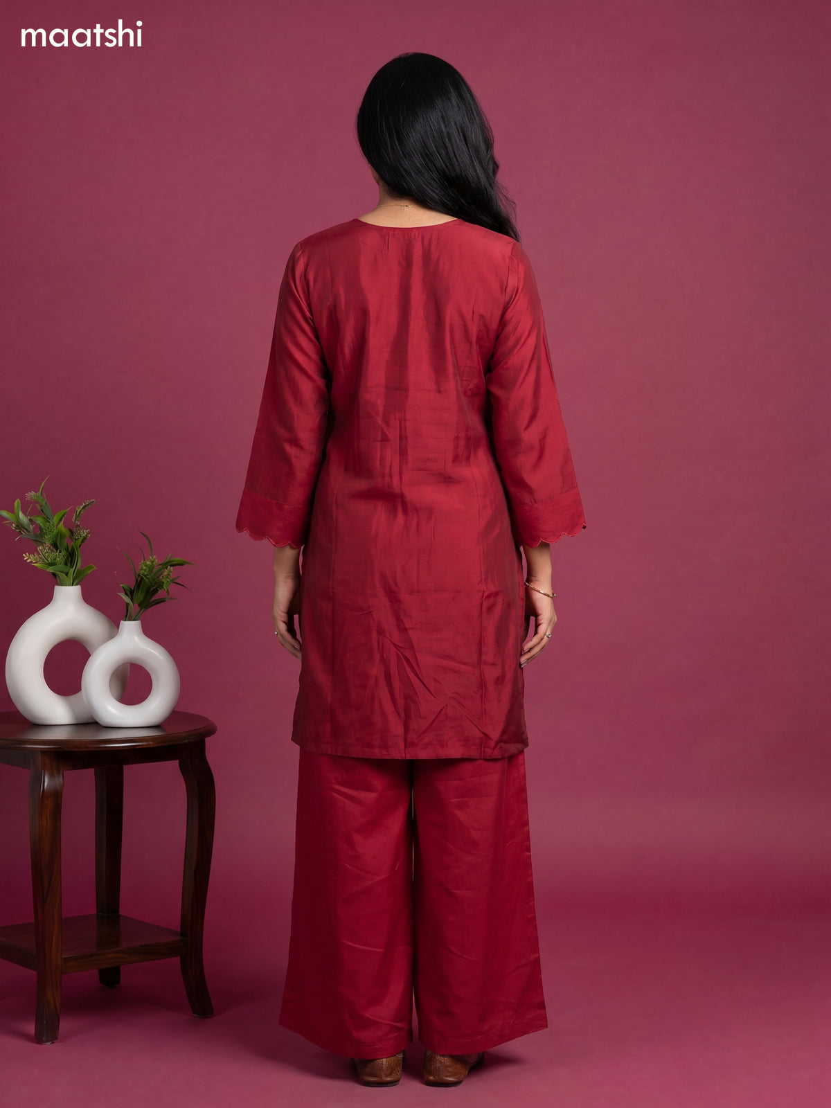 Reddish Pink Art Silk Embroidery Work Straight Suit