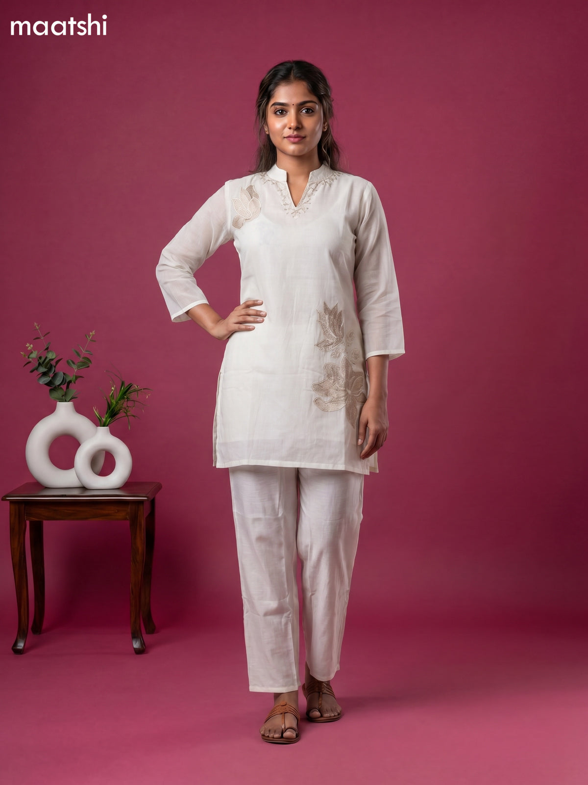 Cream Mul Chanderi Embroidery Work Kurti Set