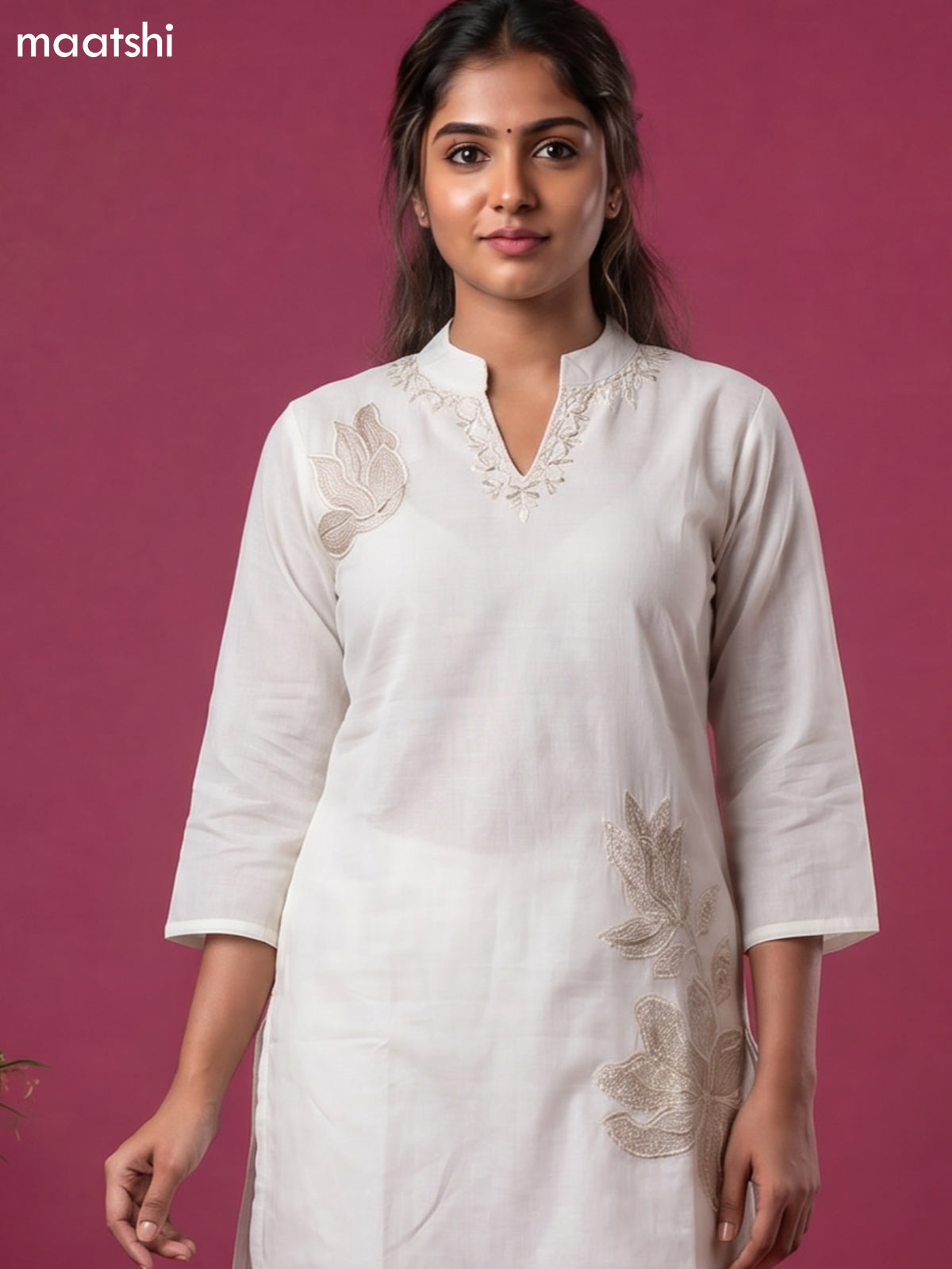 Cream Mul Chanderi Embroidery Work Kurti Set