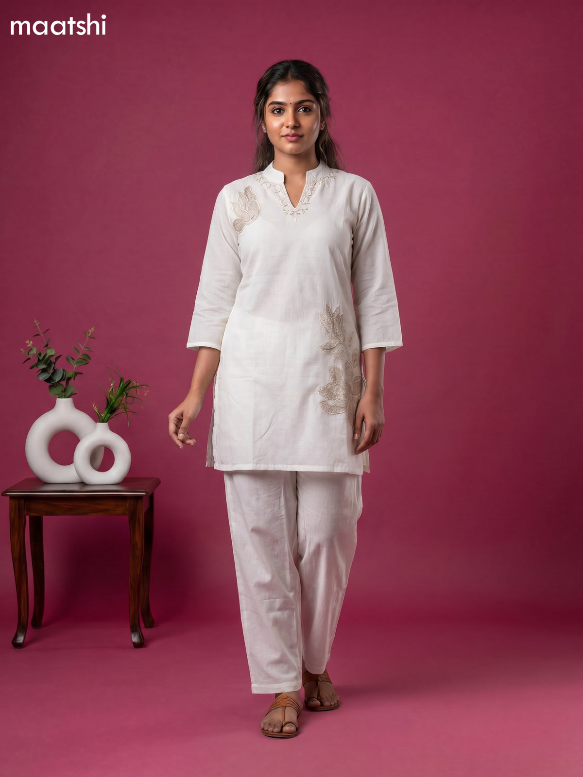 Cream Mul Chanderi Embroidery Work Kurti Set