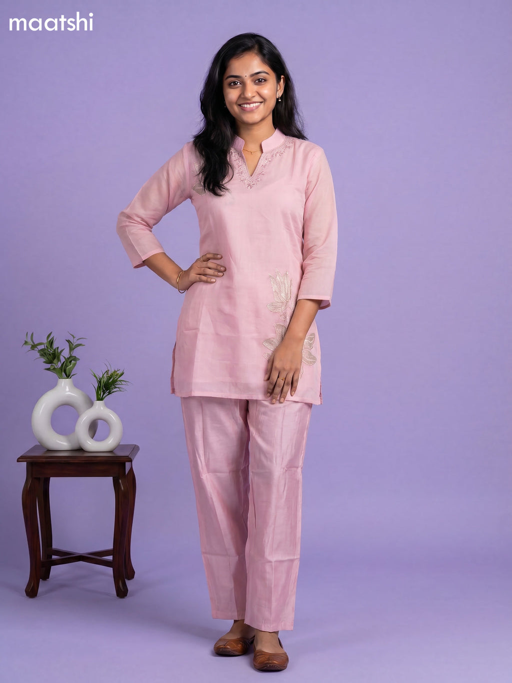 Pink Mul Chanderi Embroidery Work Kurti Set