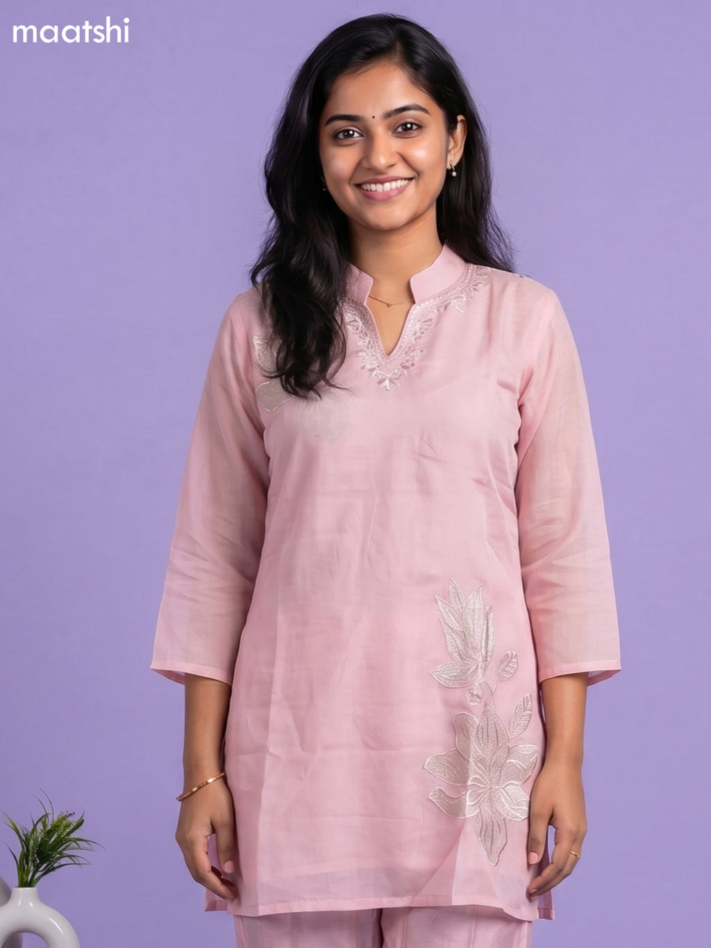 Pink Mul Chanderi Embroidery Work Kurti Set