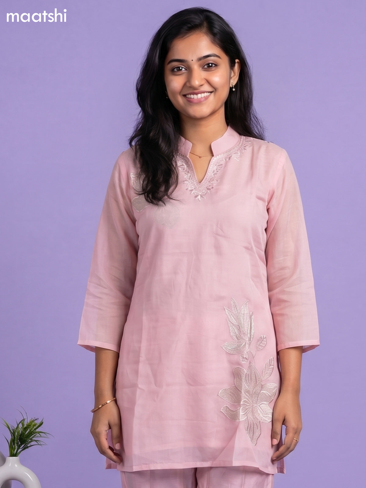 Pink Mul Chanderi Embroidery Work Kurti Set