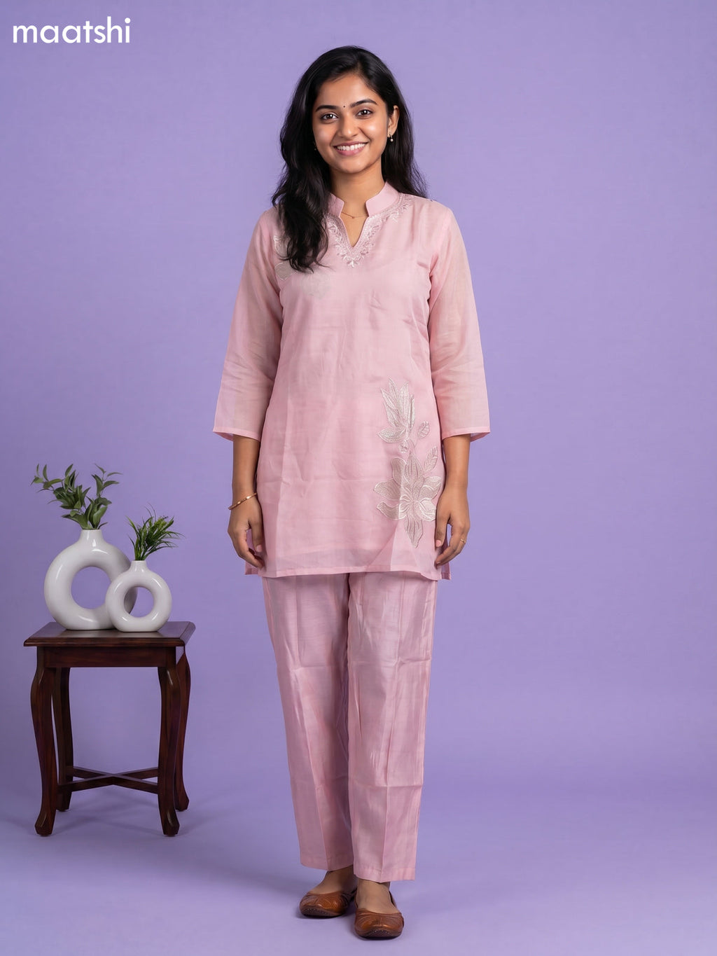 Pink Mul Chanderi Embroidery Work Kurti Set