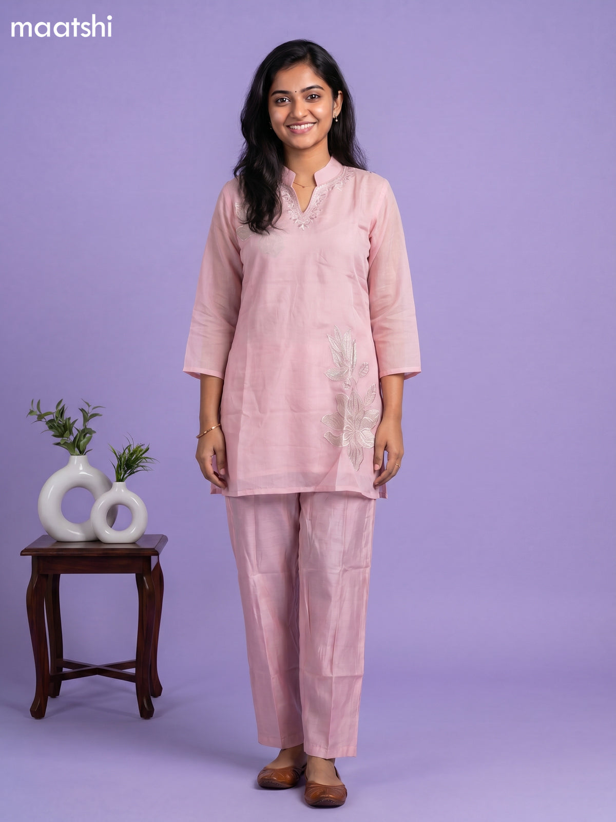 Pink Mul Chanderi Embroidery Work Kurti Set