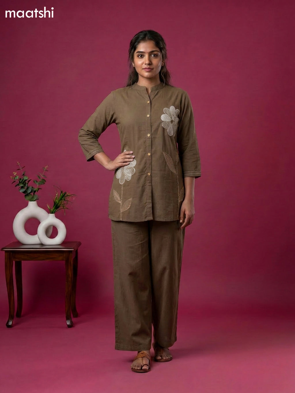 Grey Cotton Embroidery Work Short Co-Ord Set