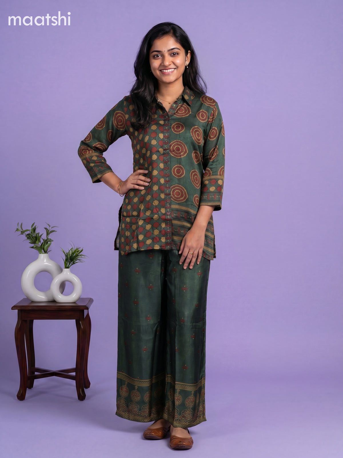Sap Green Art Silk Ajrakh Printed Co-Ord Set