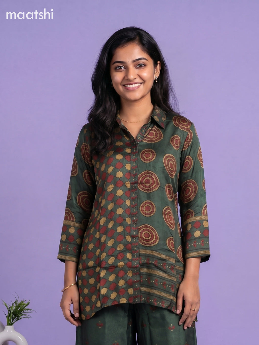 Sap Green Art Silk Ajrakh Printed Co-Ord Set