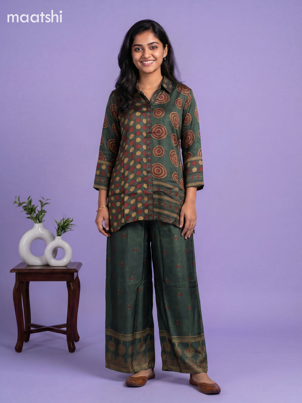 Sap Green Art Silk Ajrakh Printed Co-Ord Set