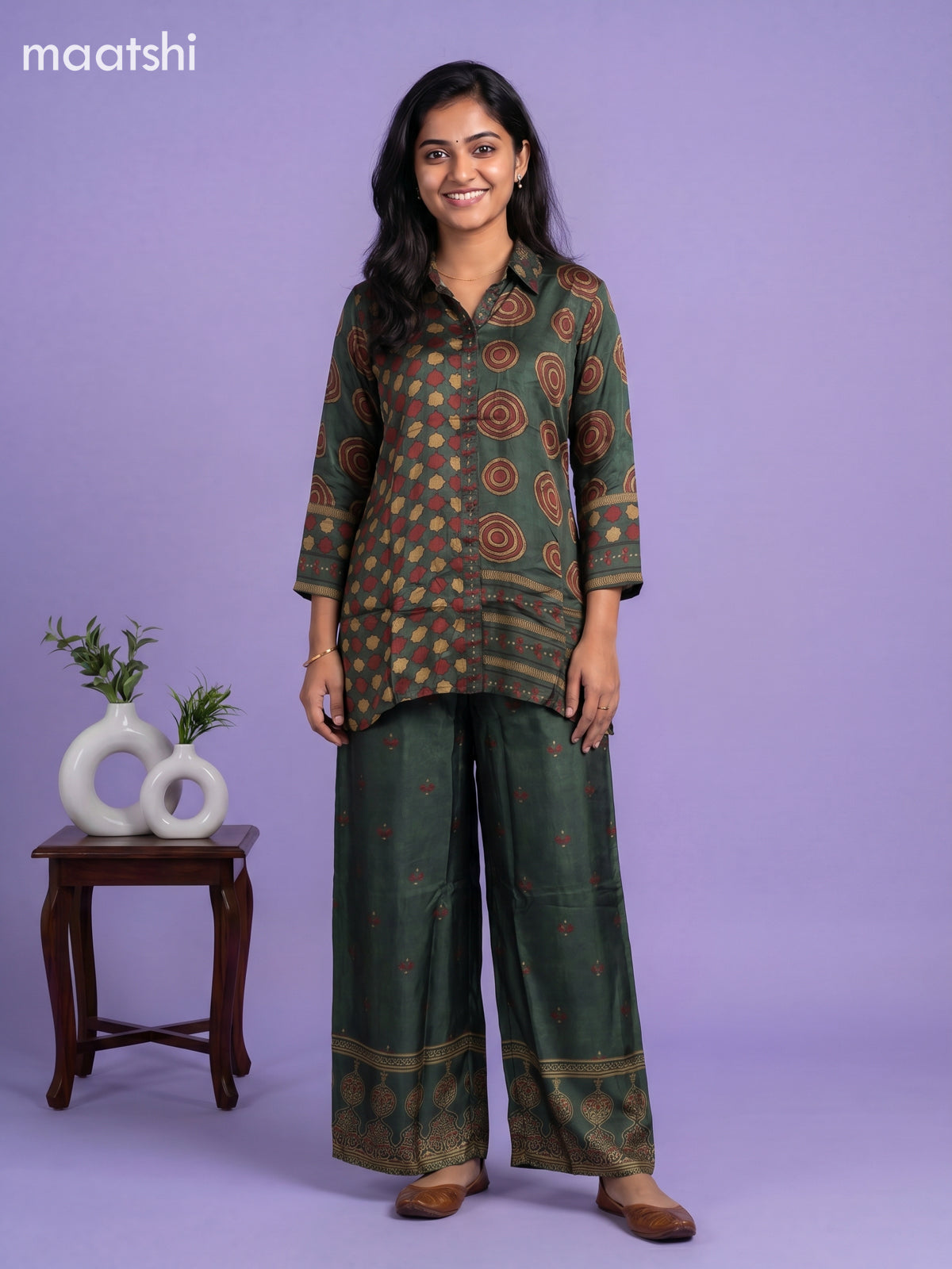 Sap Green Art Silk Ajrakh Printed Co-Ord Set