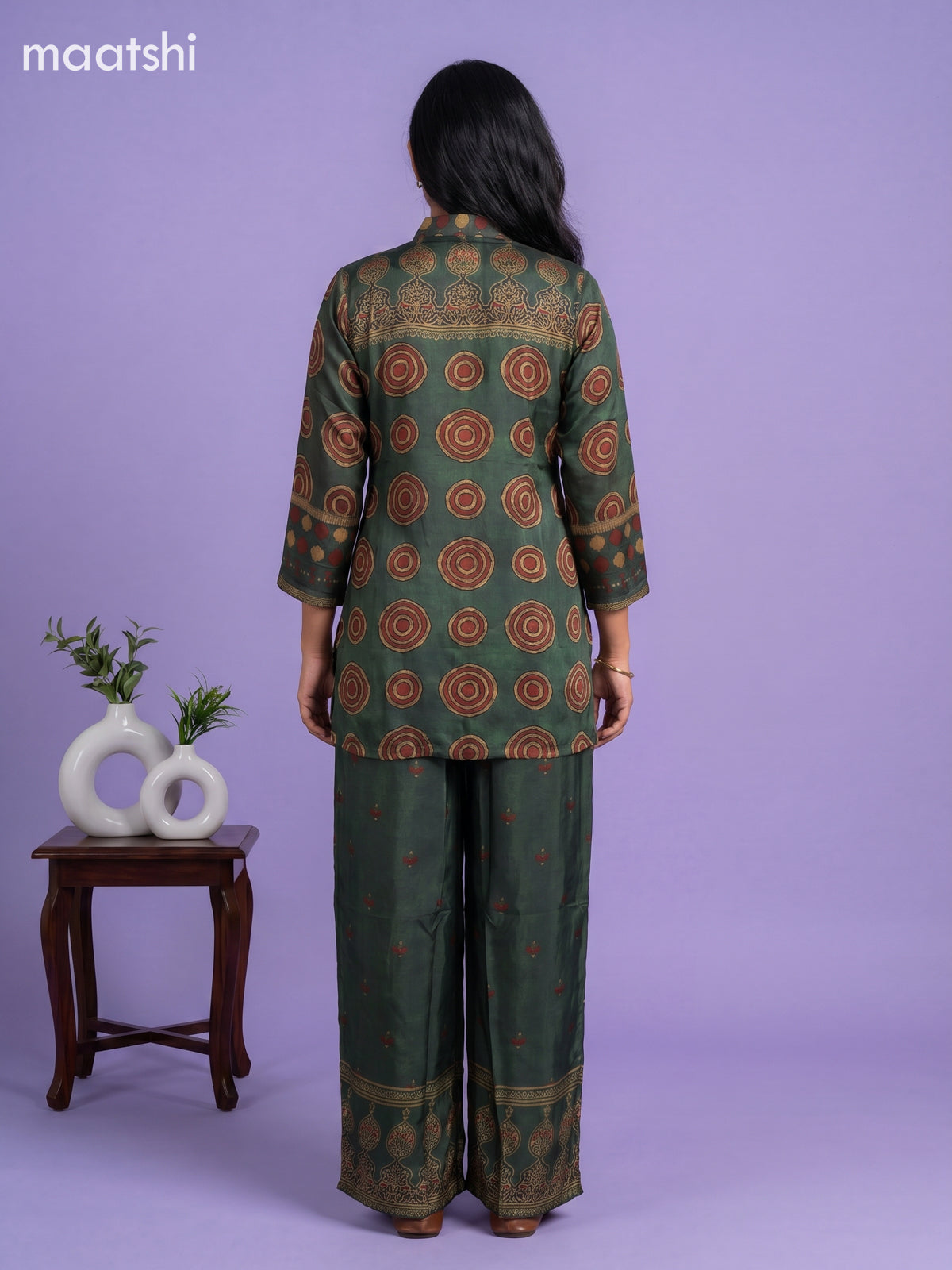Sap Green Art Silk Ajrakh Printed Co-Ord Set