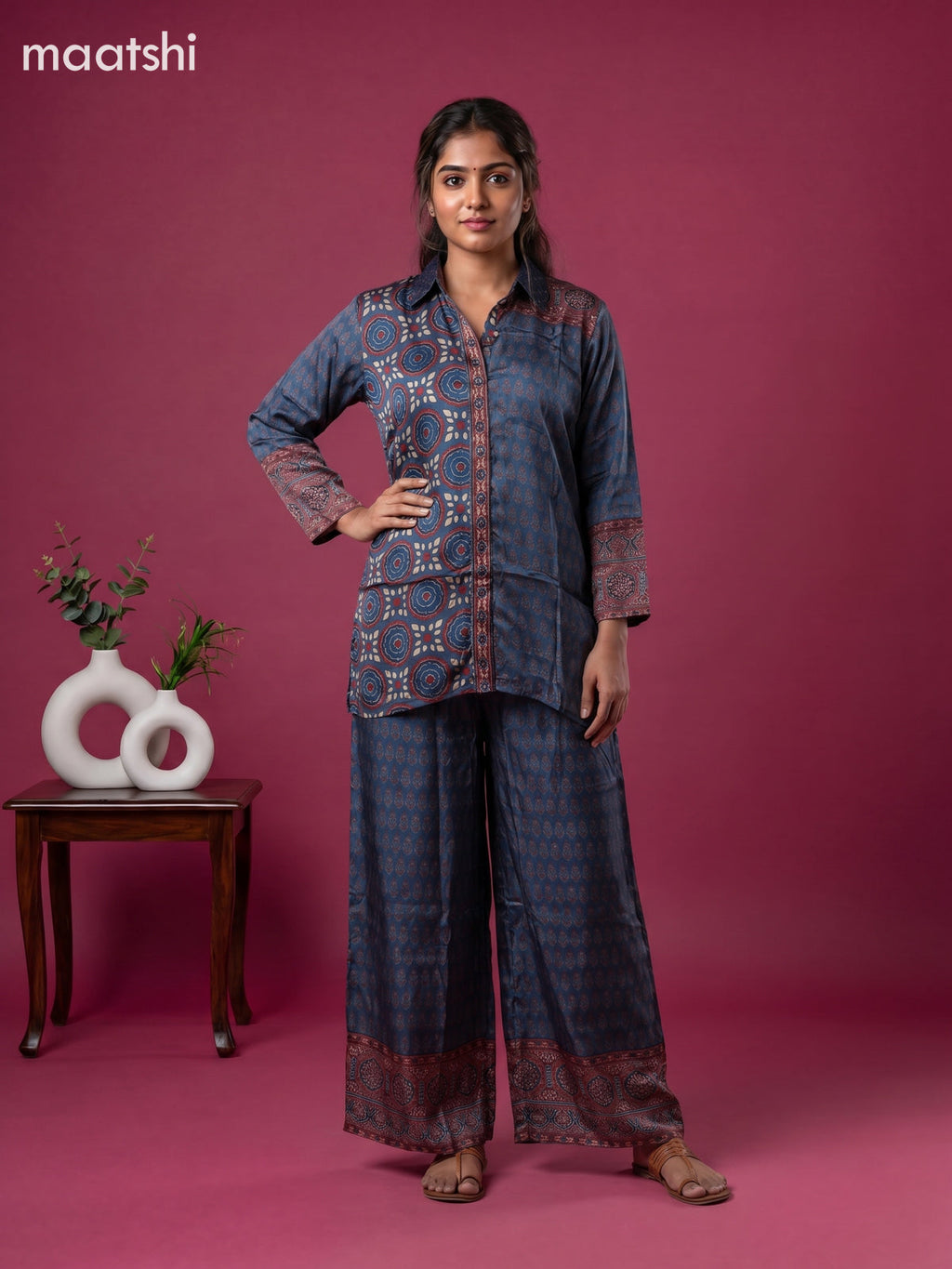 Blue and Multi Colour Art Silk Ajrakh Printed Co-Ord Set
