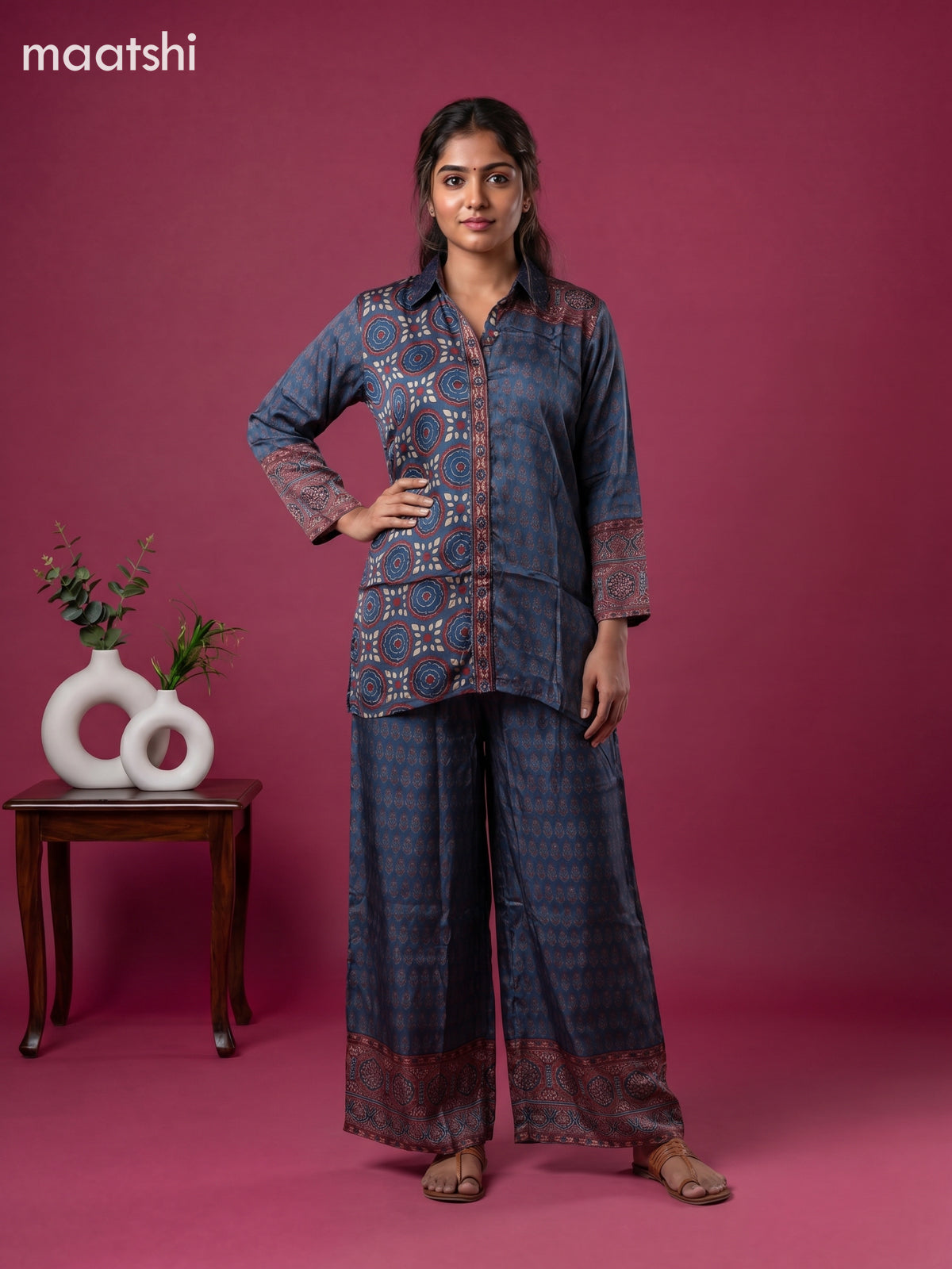 Blue and Multi Colour Art Silk Ajrakh Printed Co-Ord Set