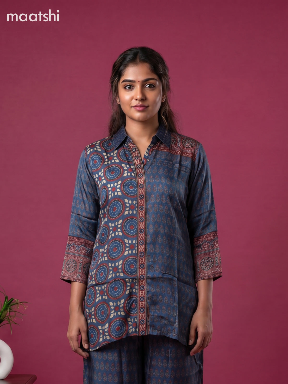 Blue and Multi Colour Art Silk Ajrakh Printed Co-Ord Set