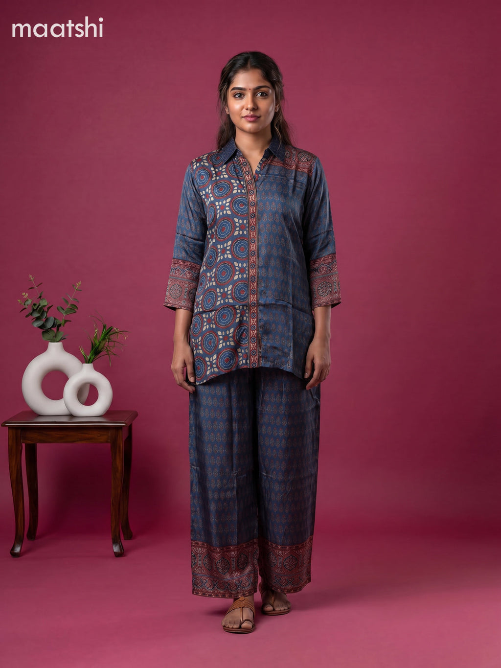 Blue and Multi Colour Art Silk Ajrakh Printed Co-Ord Set