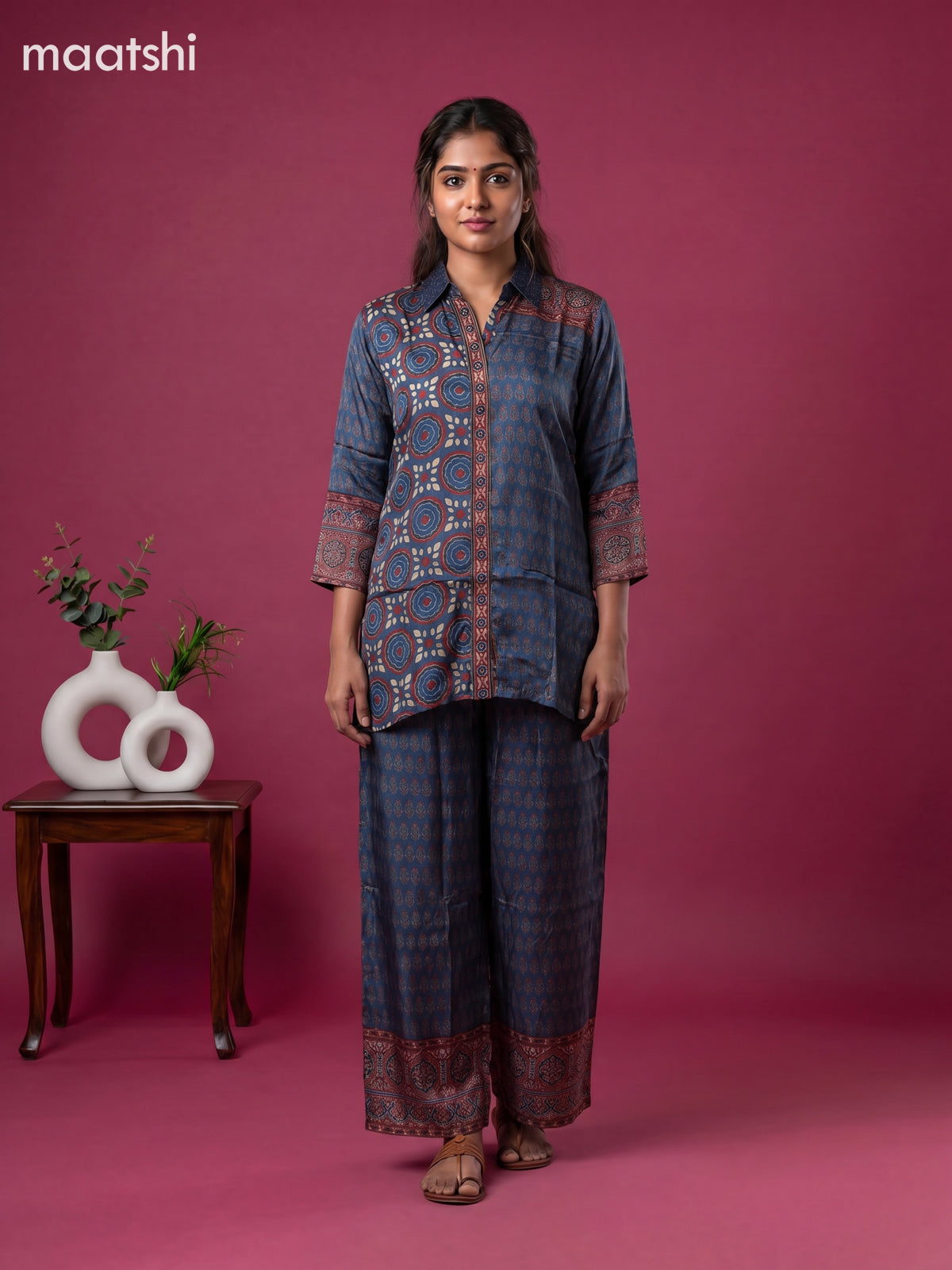 Blue and Multi Colour Art Silk Ajrakh Printed Co-Ord Set