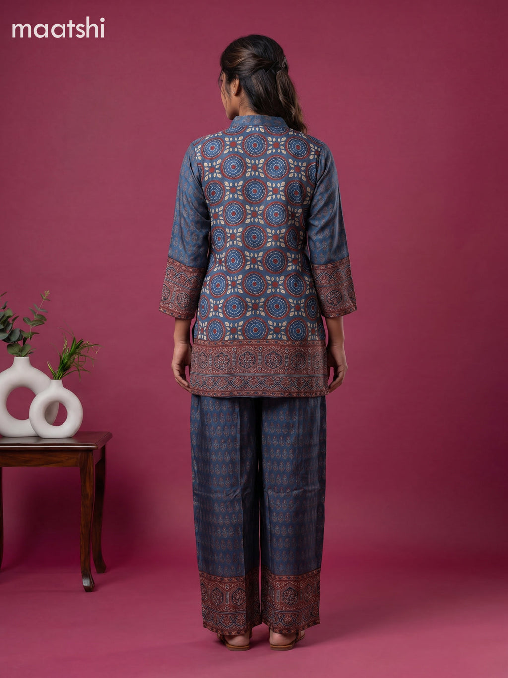 Blue and Multi Colour Art Silk Ajrakh Printed Co-Ord Set