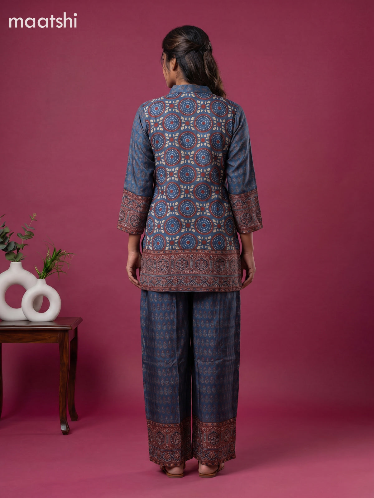 Blue and Multi Colour Art Silk Ajrakh Printed Co-Ord Set