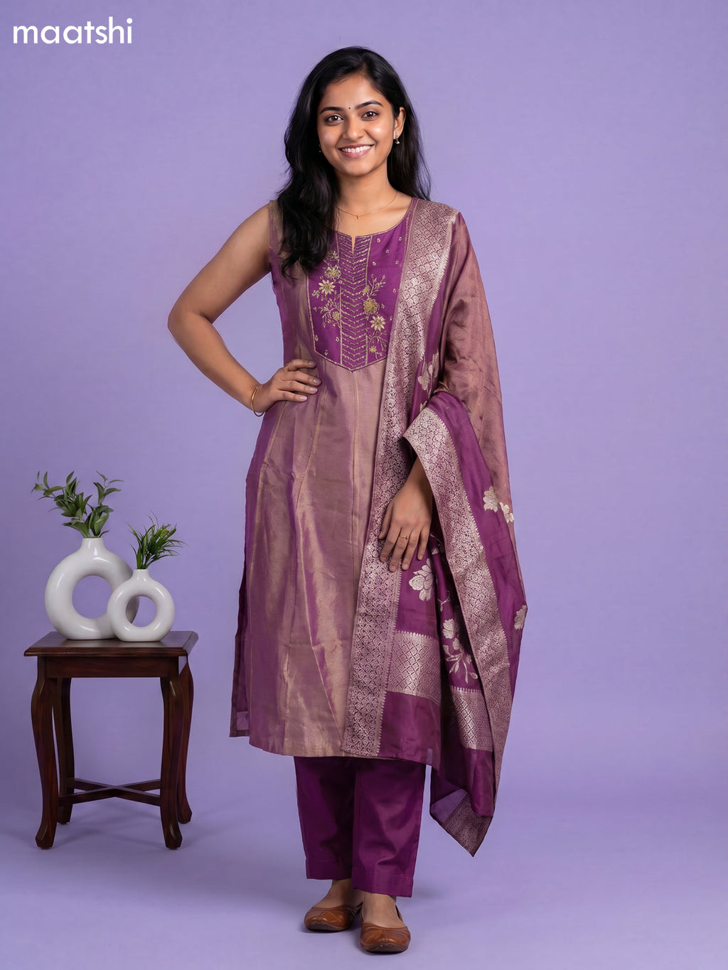 Purple Tissue Embroidery Work Anarkali Suit