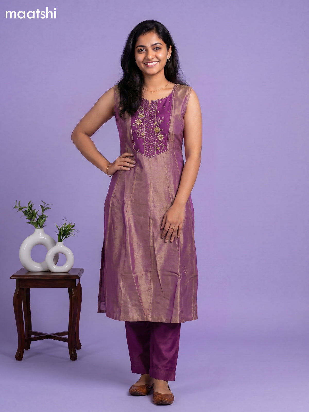 Purple Tissue Embroidery Work Anarkali Suit