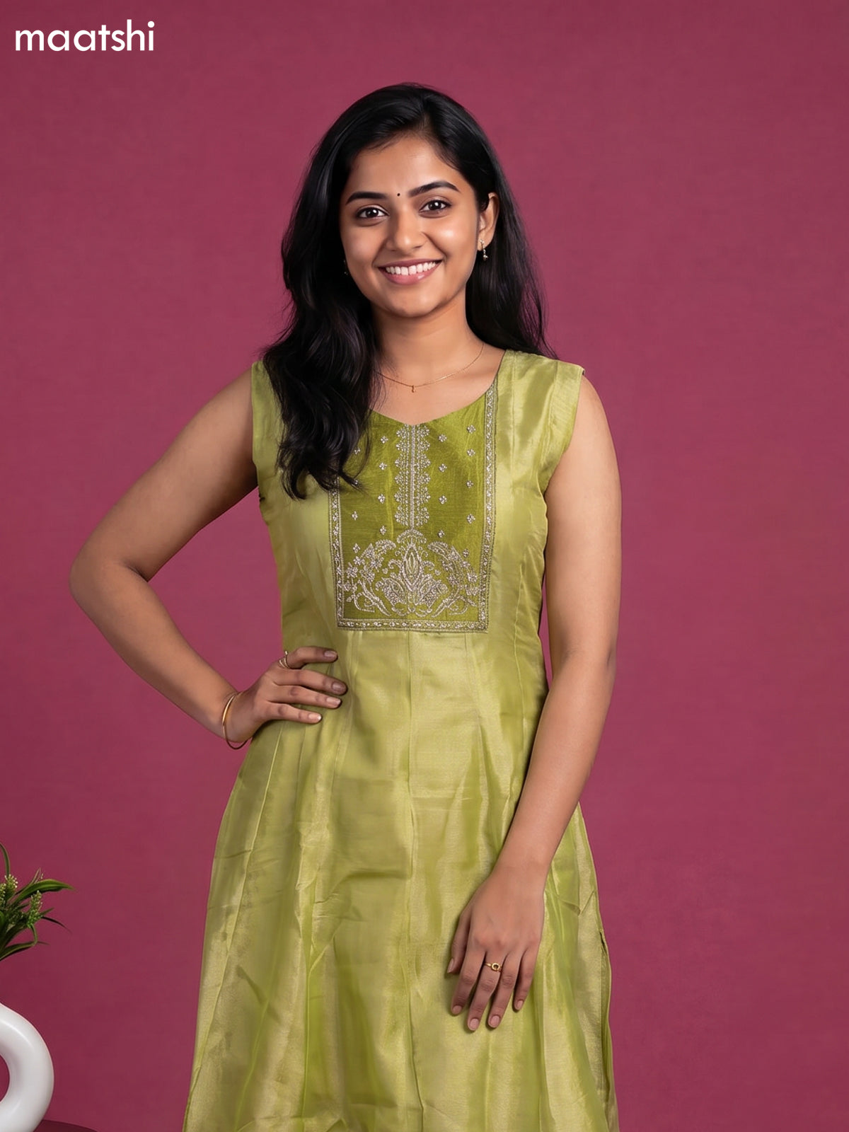 Mehandi Green Tissue Embroidery Work Anarkali Suit