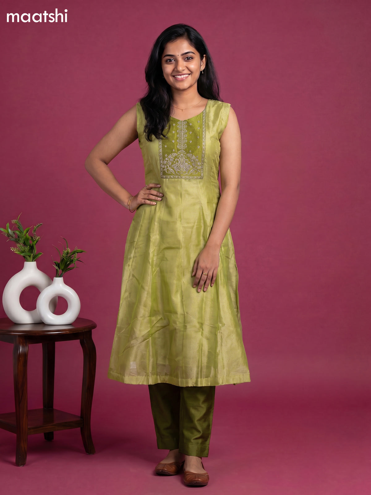 Mehandi Green Tissue Embroidery Work Anarkali Suit