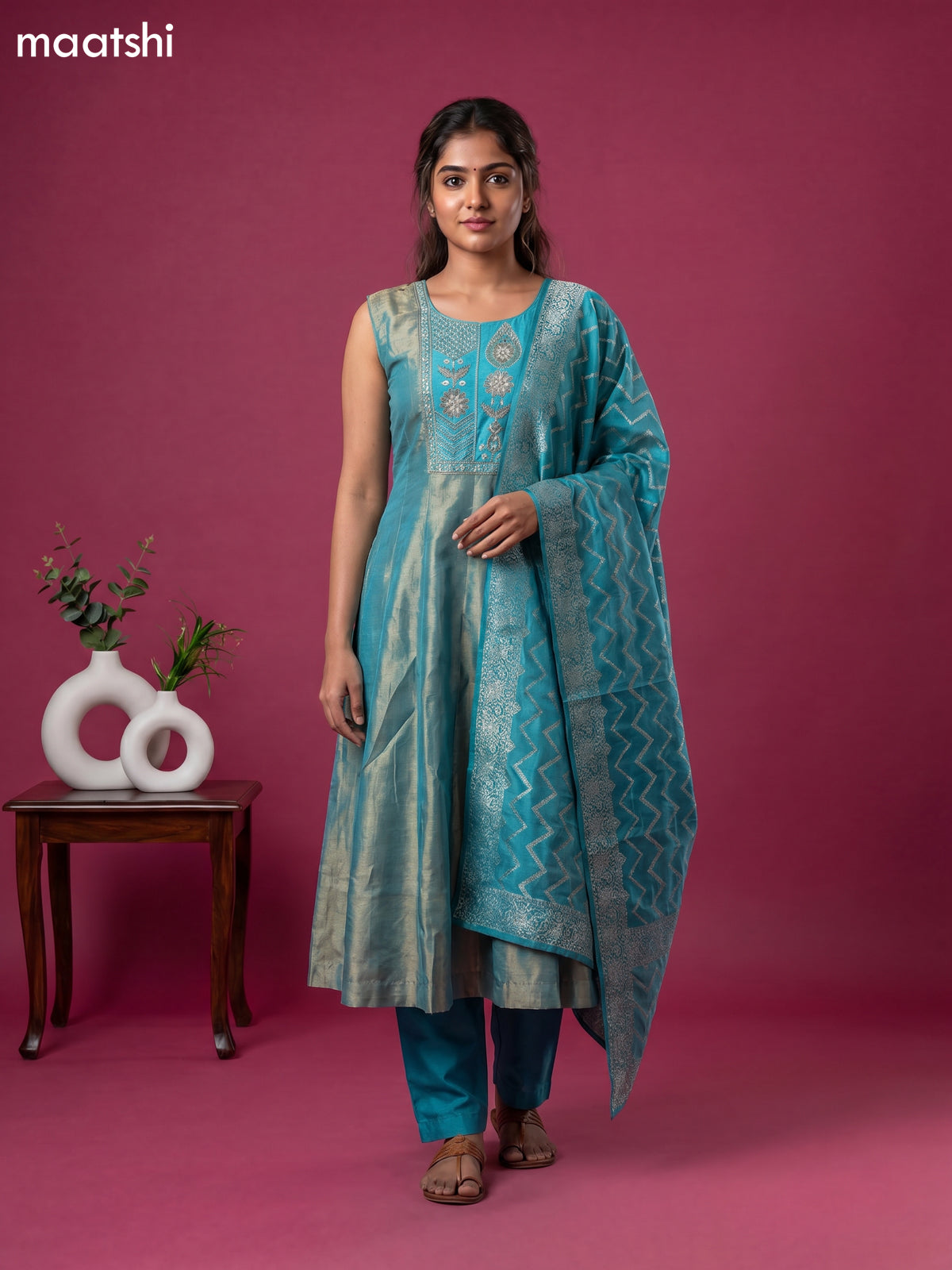 Light Blue Tissue Embroidery Work Anarkali Suit