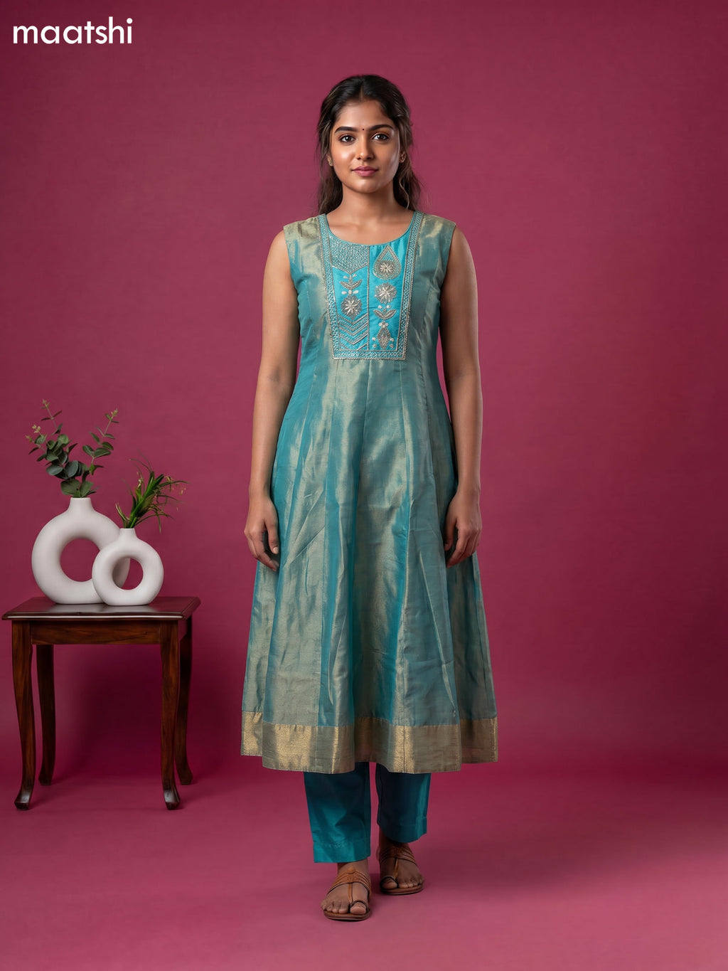 Light Blue Tissue Embroidery Work Anarkali Suit