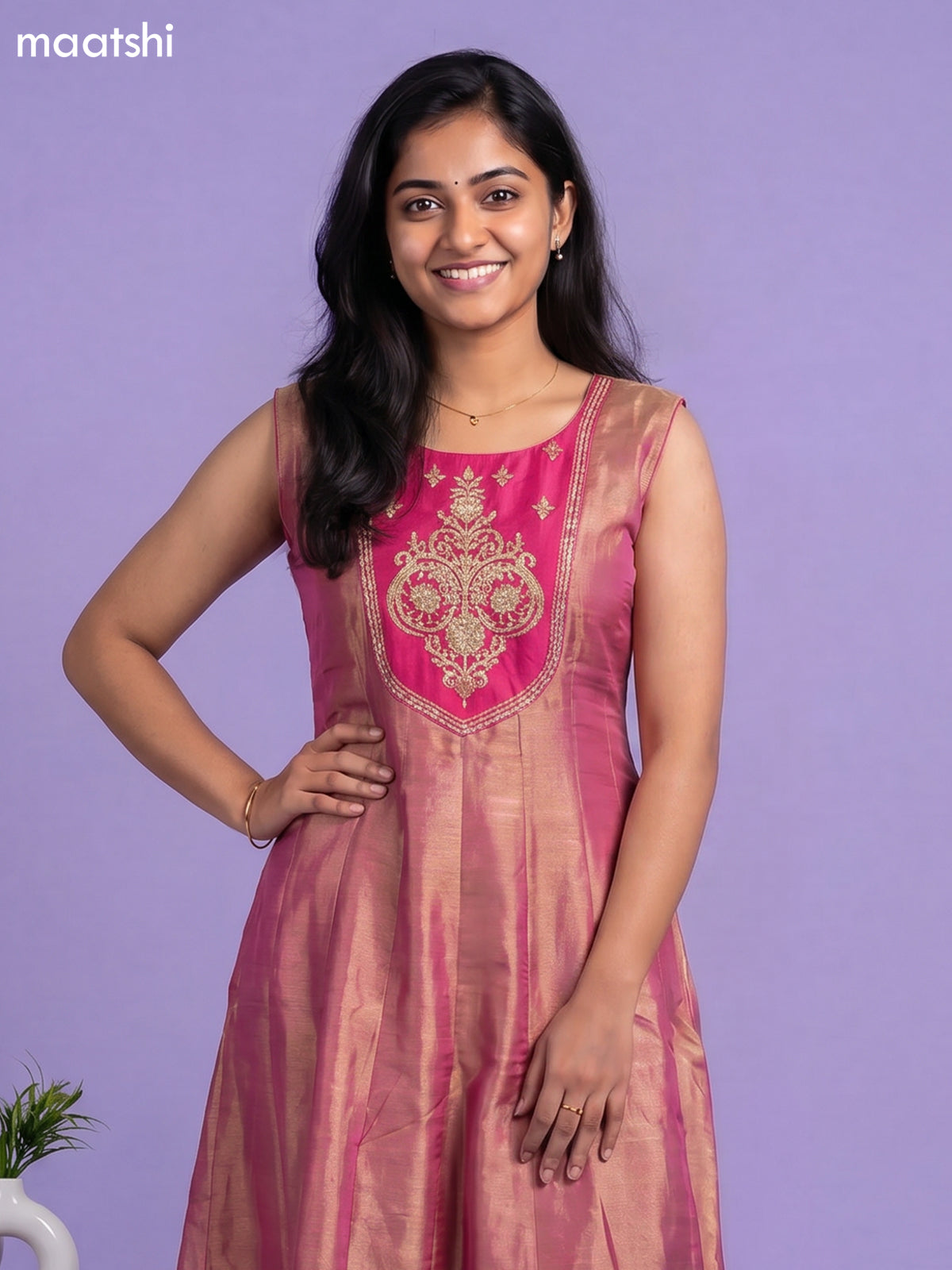 Lotus Pink Tissue Embroidery Work Anarkali Suit