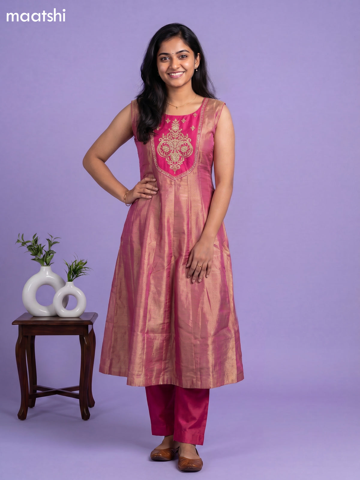 Lotus Pink Tissue Embroidery Work Anarkali Suit