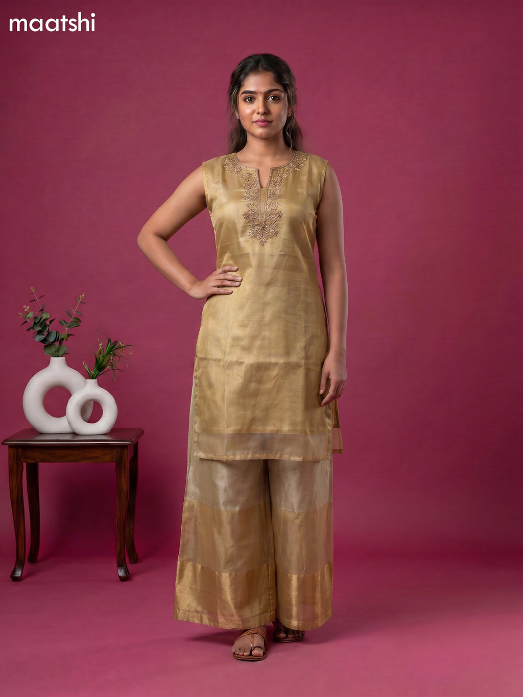 Gold Tissue Embroidery Work Anarkali Suit