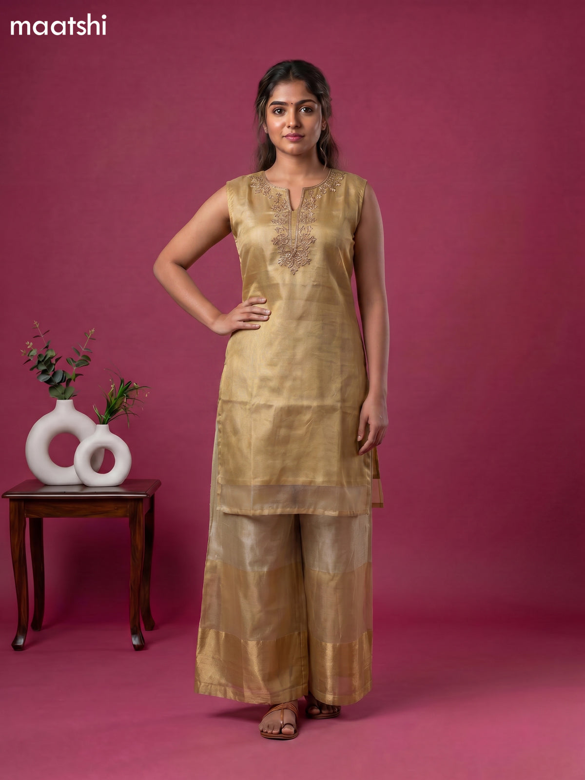 Gold Tissue Embroidery Work Anarkali Suit