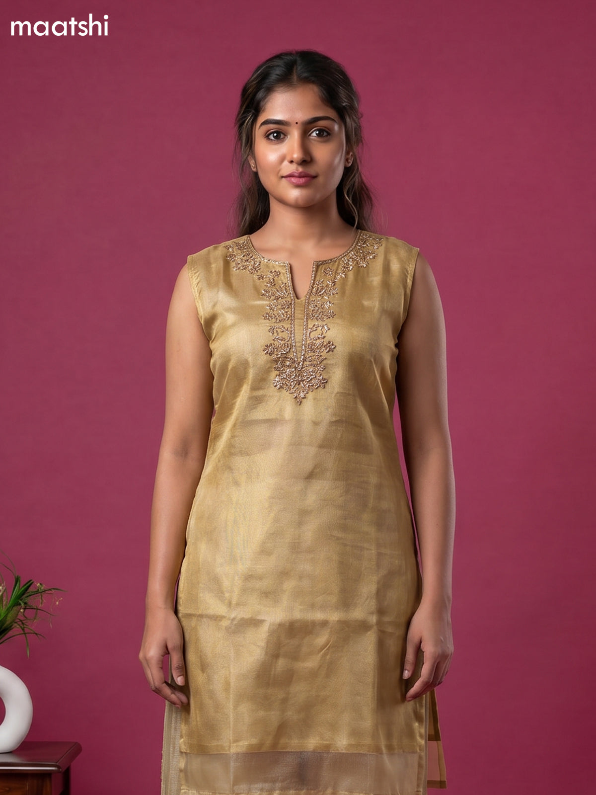 Gold Tissue Embroidery Work Anarkali Suit