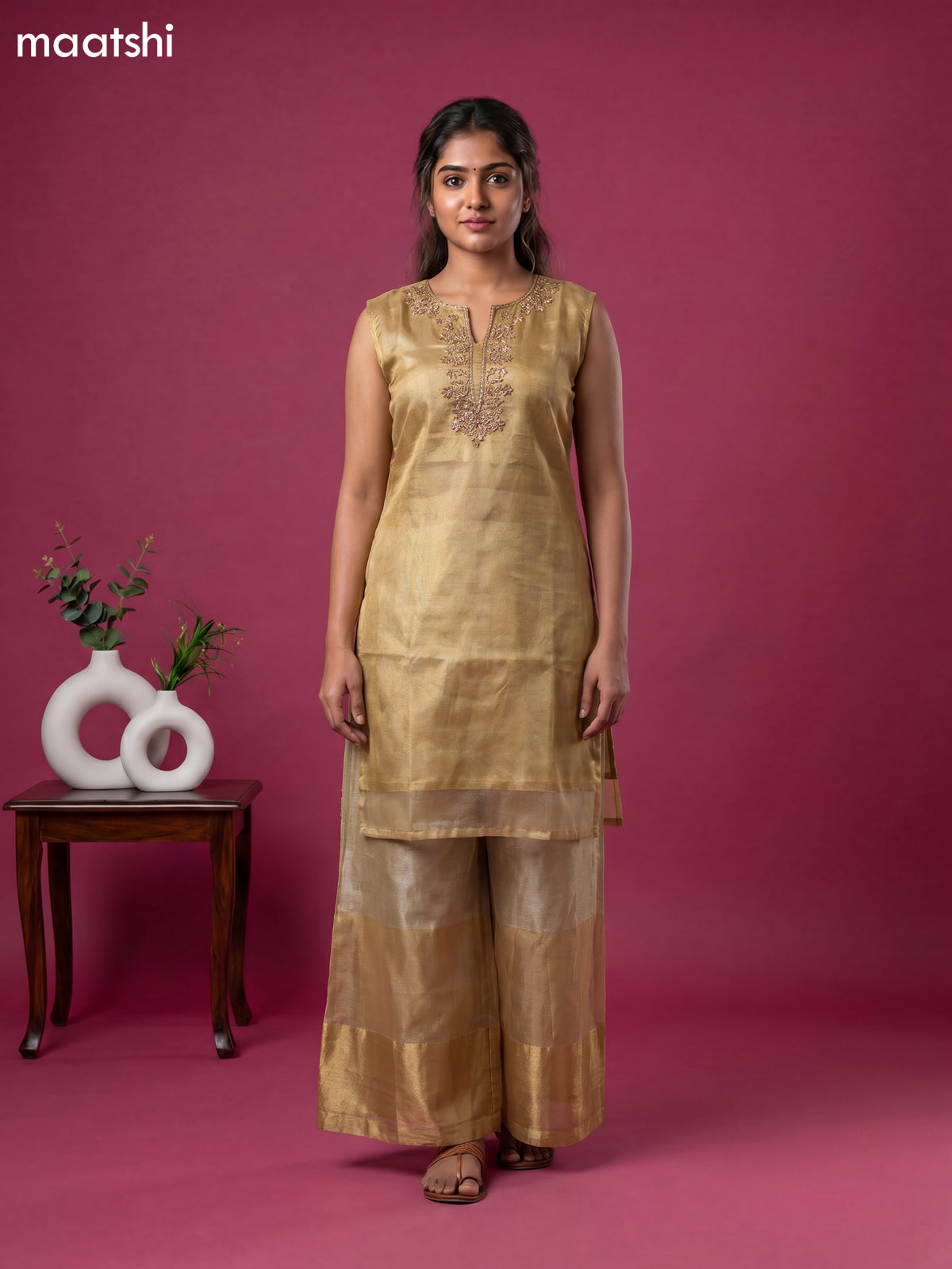 Gold Tissue Embroidery Work Anarkali Suit