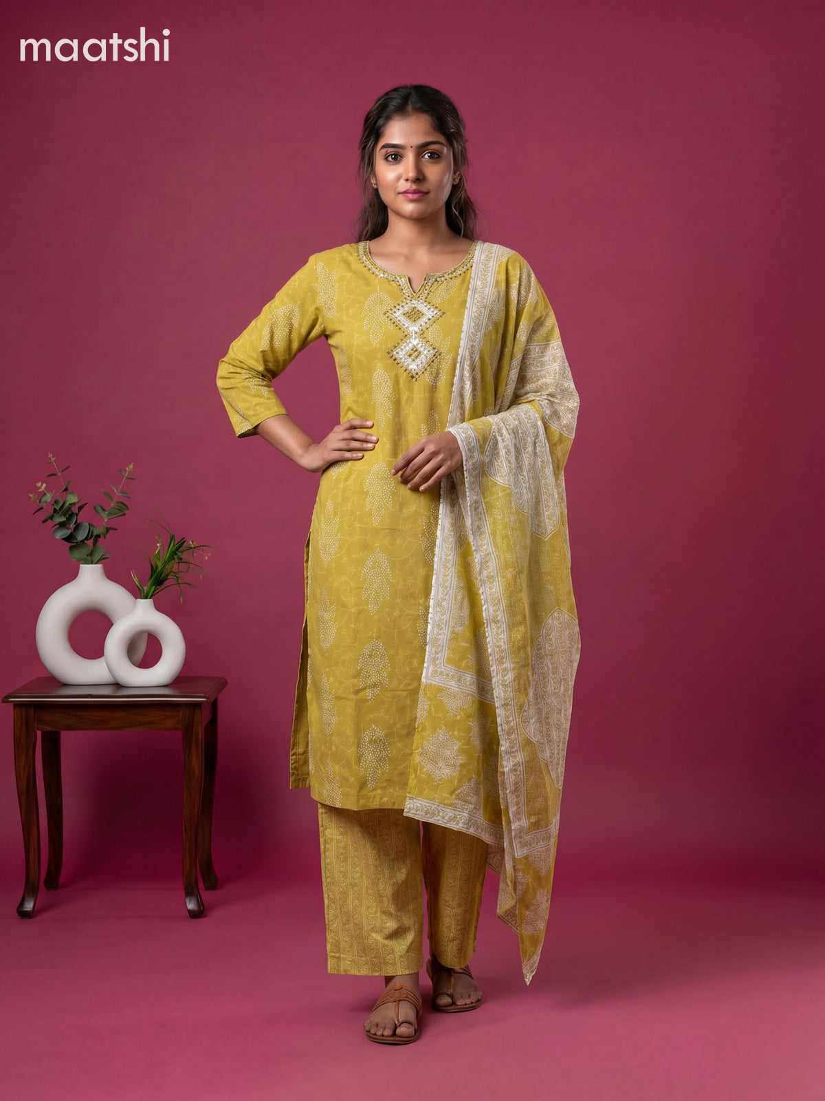 Mustard Yellow Cotton Printed & Simple Embroidery Work Straight Suit