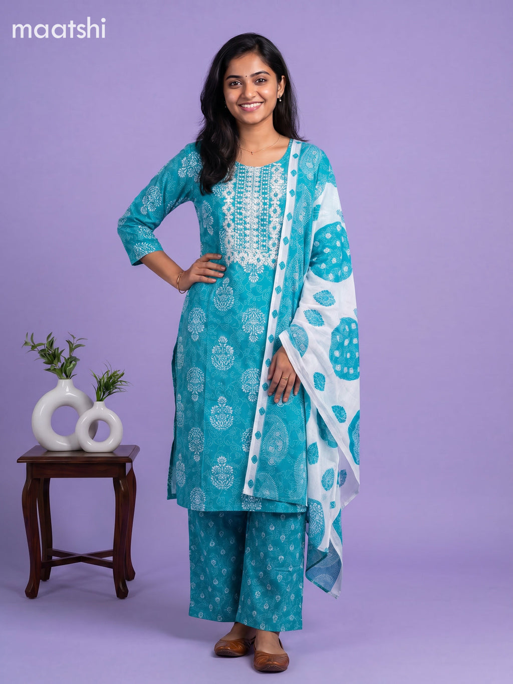 Teal Blue Cotton Printed & Simple Embroidery Work Straight Suit