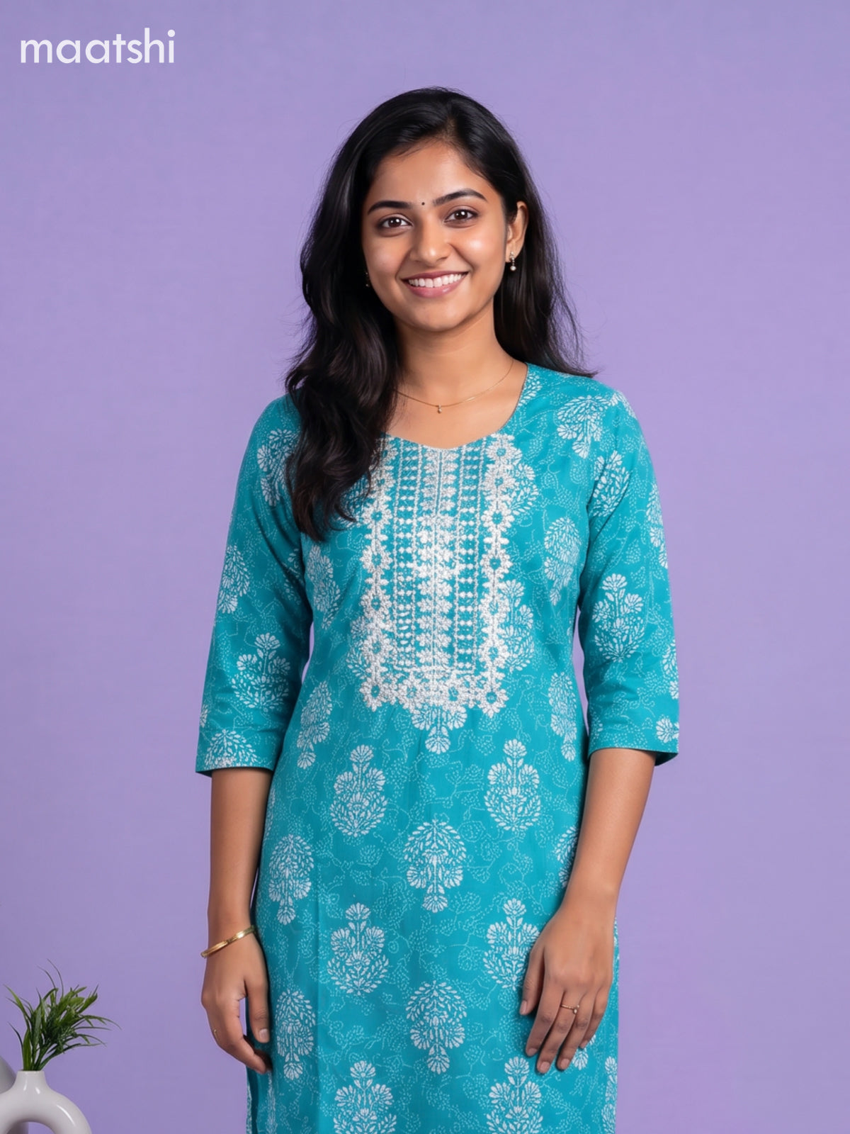Teal Blue Cotton Printed & Simple Embroidery Work Straight Suit
