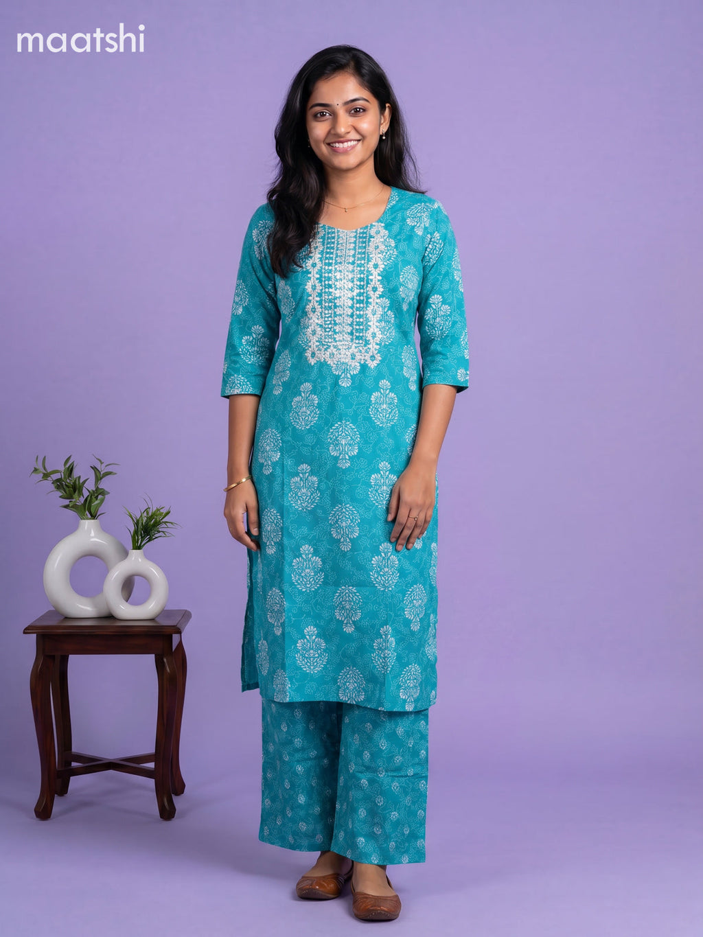 Teal Blue Cotton Printed & Simple Embroidery Work Straight Suit