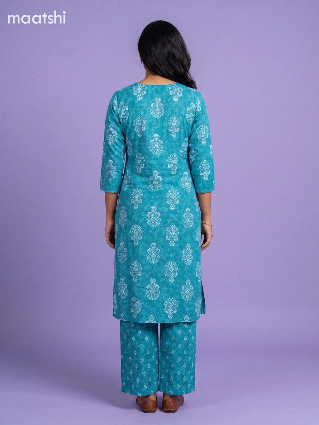 Teal Blue Cotton Printed & Simple Embroidery Work Straight Suit