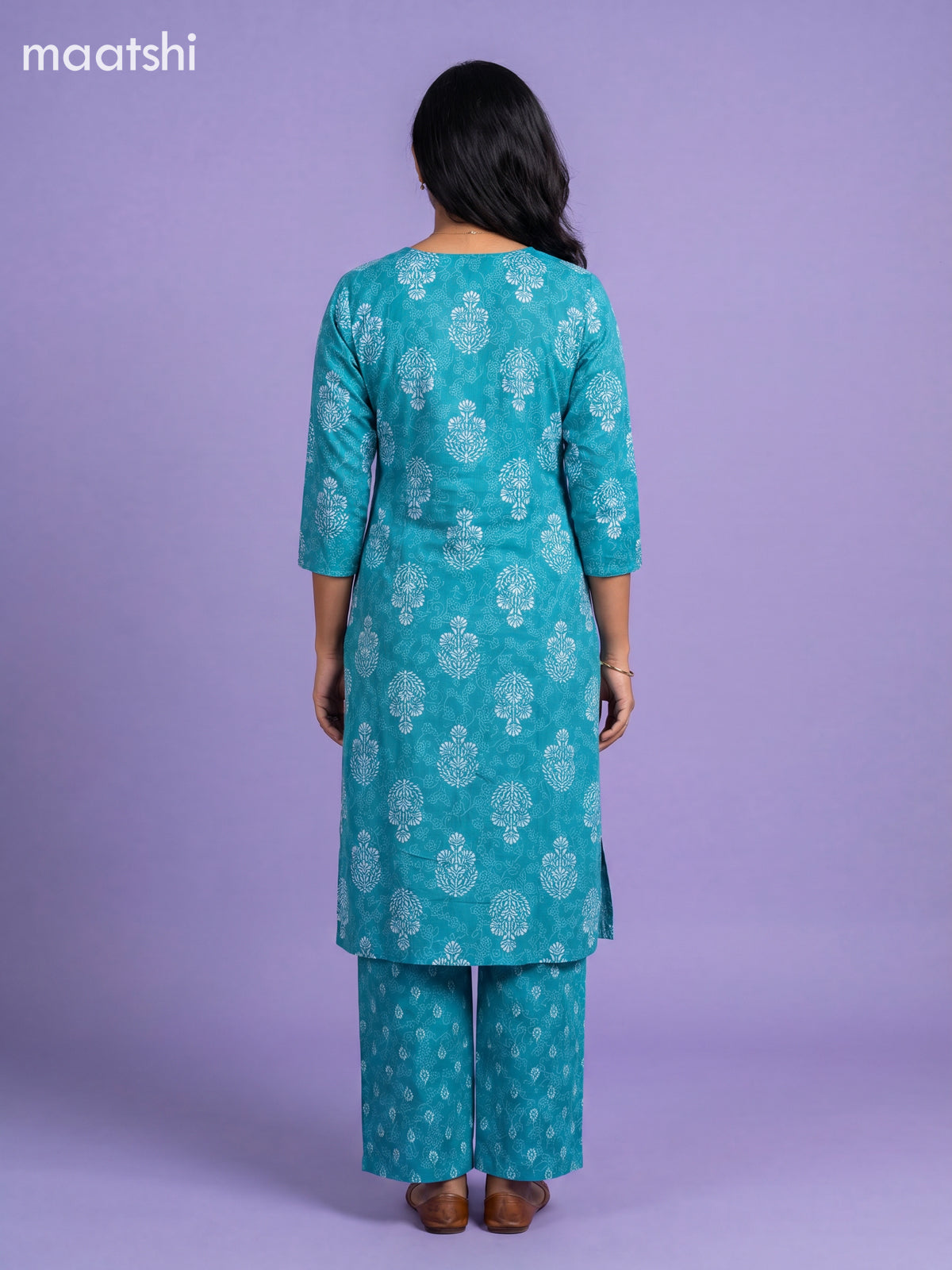 Teal Blue Cotton Printed & Simple Embroidery Work Straight Suit