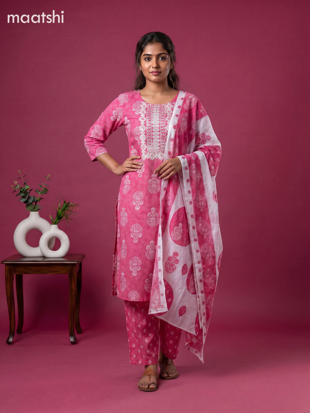 Pink Cotton Printed & Simple Embroidery Work Straight Suit