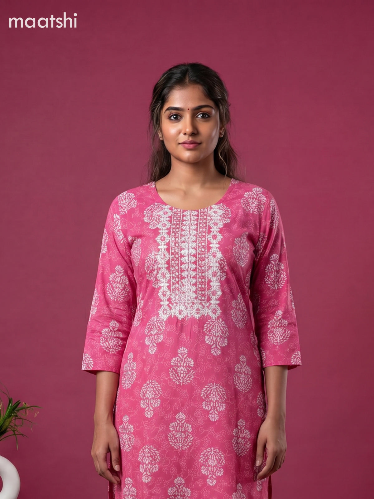 Pink Cotton Printed & Simple Embroidery Work Straight Suit