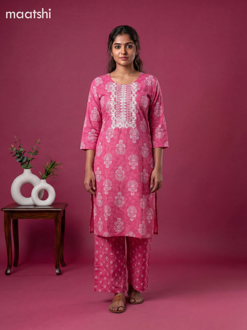 Pink Cotton Printed & Simple Embroidery Work Straight Suit