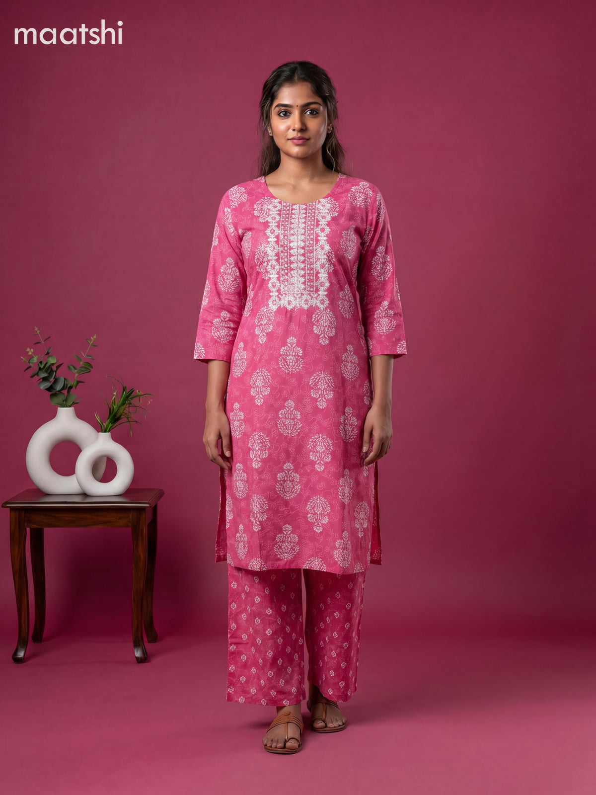Pink Cotton Printed & Simple Embroidery Work Straight Suit