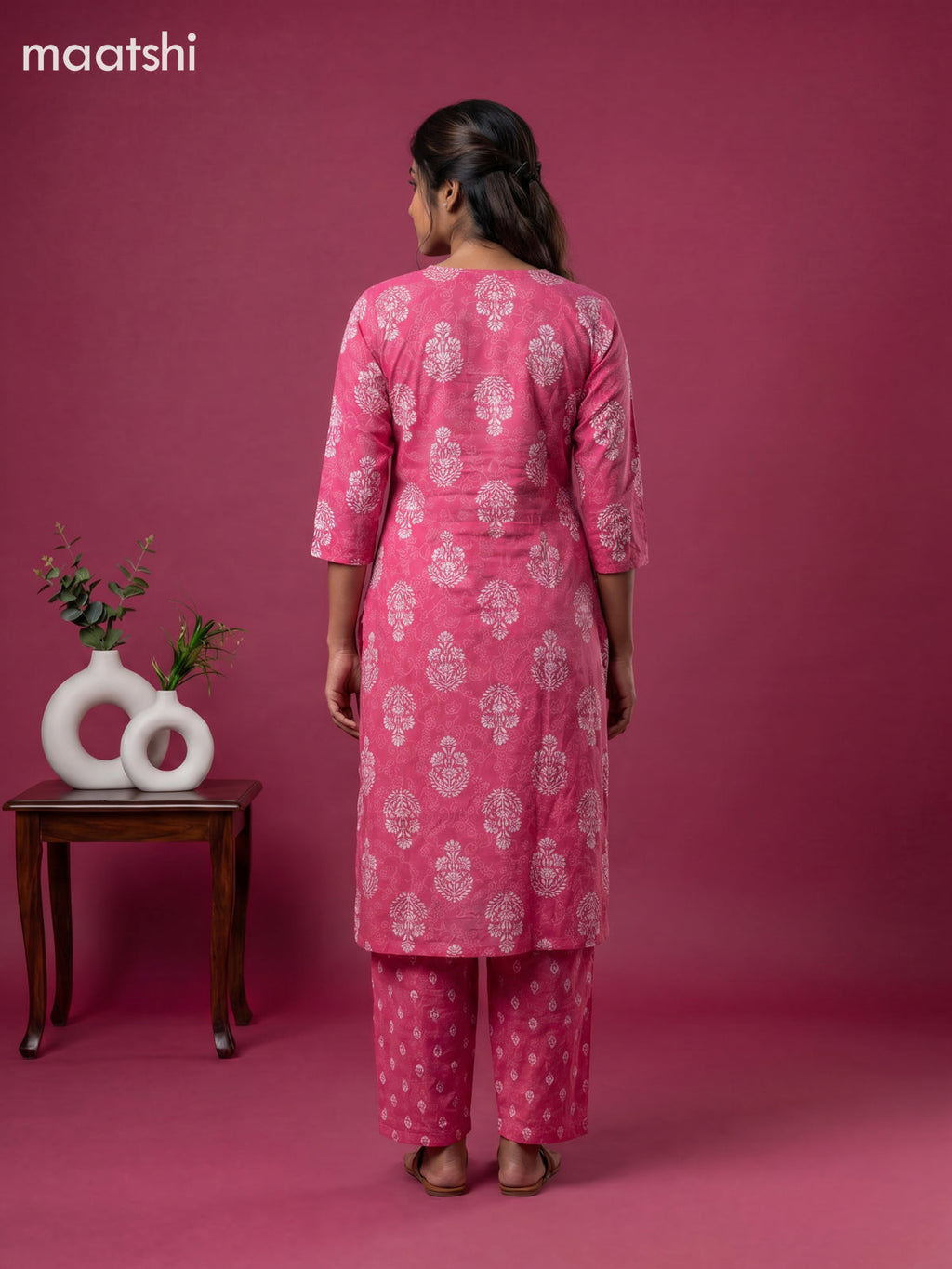 Pink Cotton Printed & Simple Embroidery Work Straight Suit