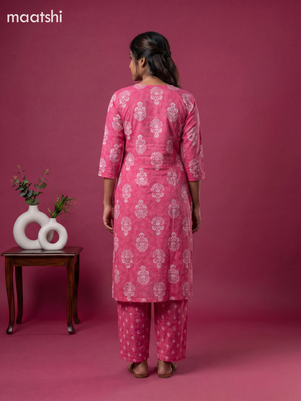 Pink Cotton Printed & Simple Embroidery Work Straight Suit